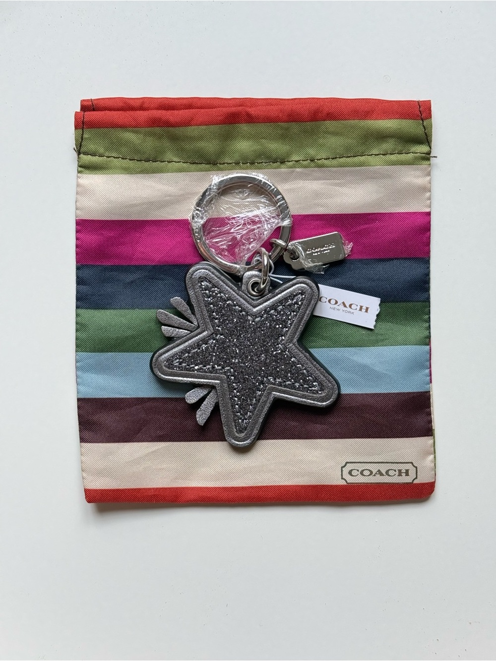 COACH Glitter And Leather Metallic Silver Shooting Star Keychain